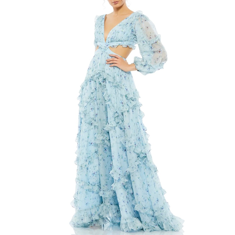 Mac Duggal 70249 Floral Chiffon Cut-Out Ruffle Gown‎ Light Blue Size 2 NEW
